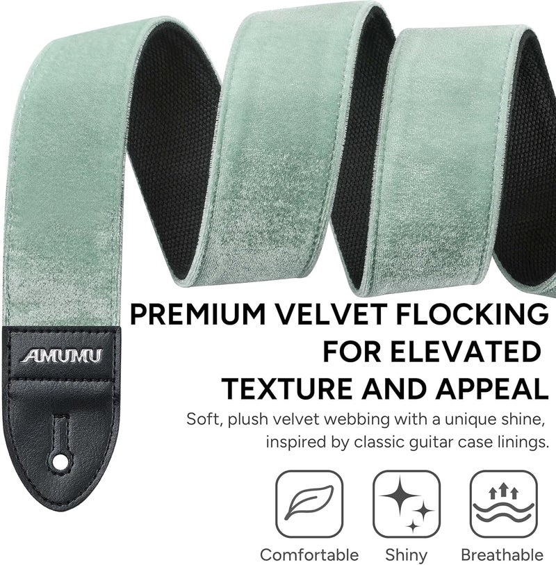 Amumu Flocked Velvet Guitar Strap with Microfiber Leather Ends - Guitar Accessories - Fits Acoustic, Bass, Electric Guitar -Mint Green - Image 2